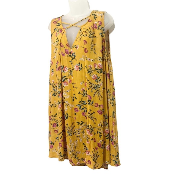 Umgee USA Yellow Floral Print Tunic Top Sleeveless Criss Cross Neck Tie Back M - Picture 2 of 11